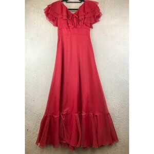 Vintage JC penny Red Layered Ruffle Maxi Dress With Bow Detail & Flared Hem